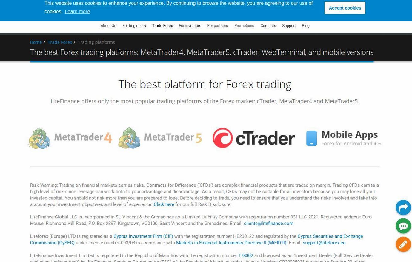 The platform page on the LiteFinance website