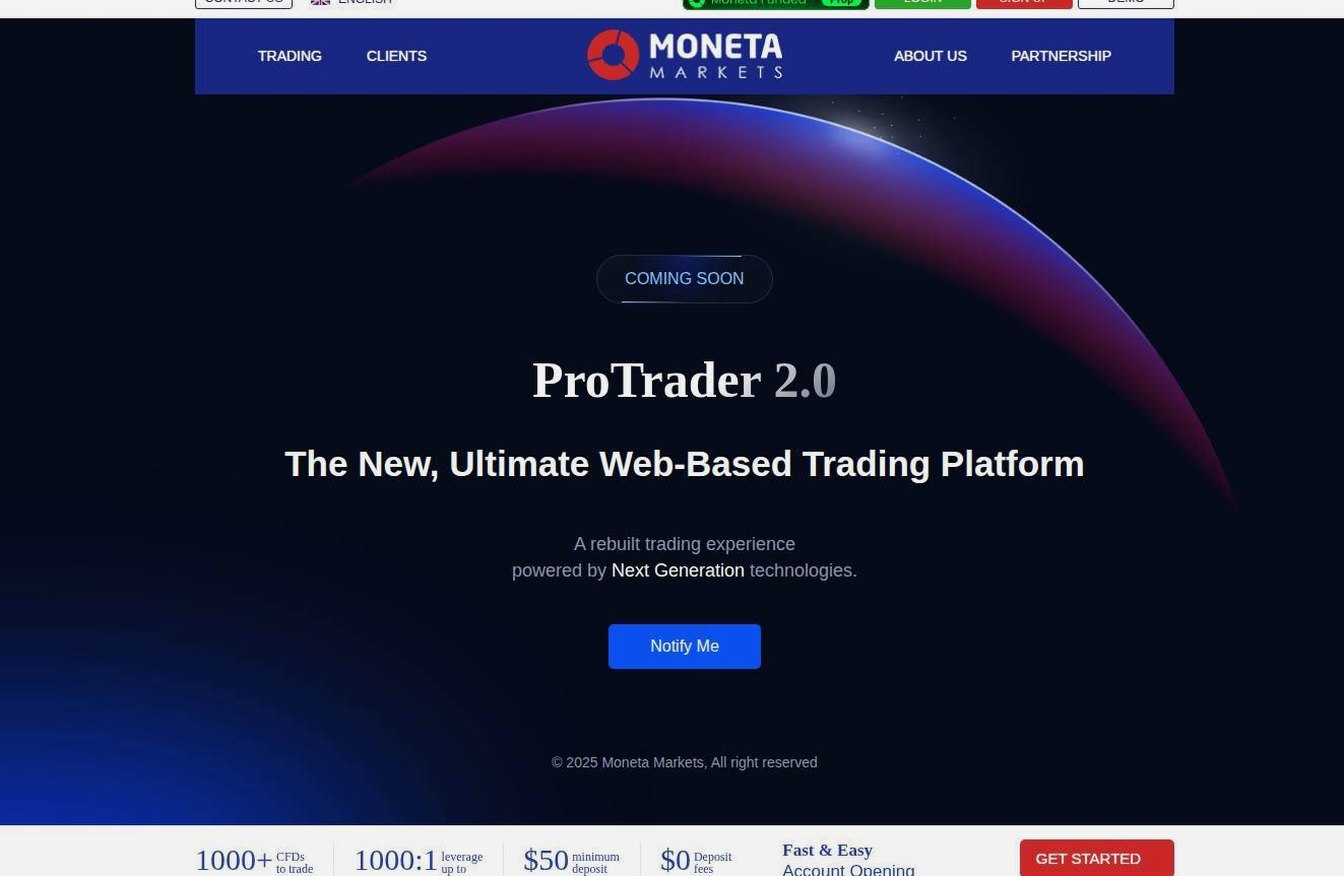 The platform page on the Moneta Markets website