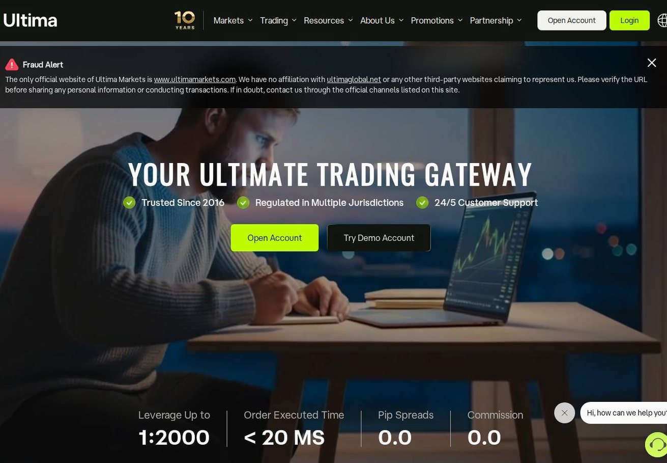 Screenshot of the Ultima Markets website