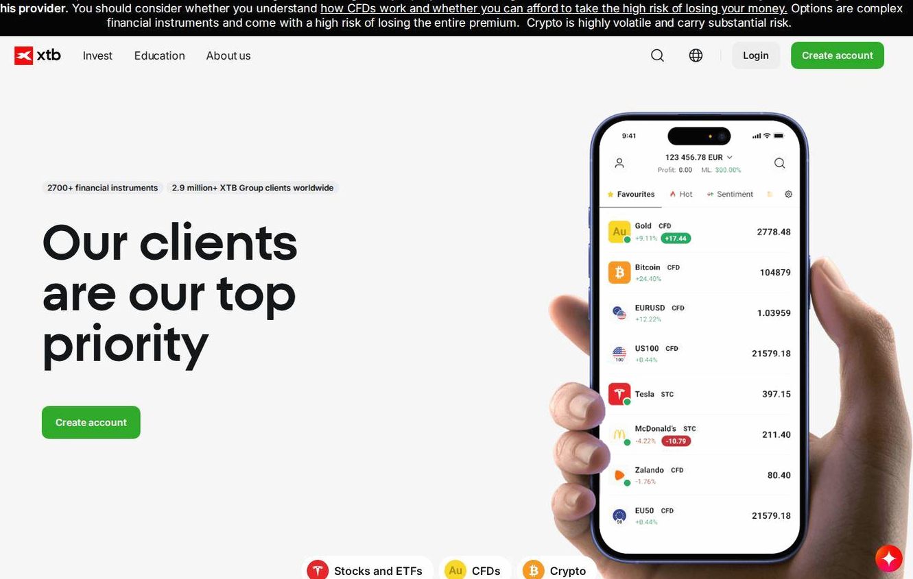 Screenshot of the XTB website
